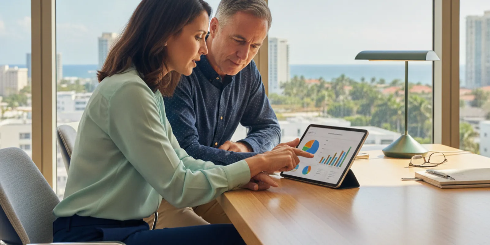 Financial advisor and client reviewing an investment portfolio on screen in a modern Miami office — Financial Advisor Miami Plus