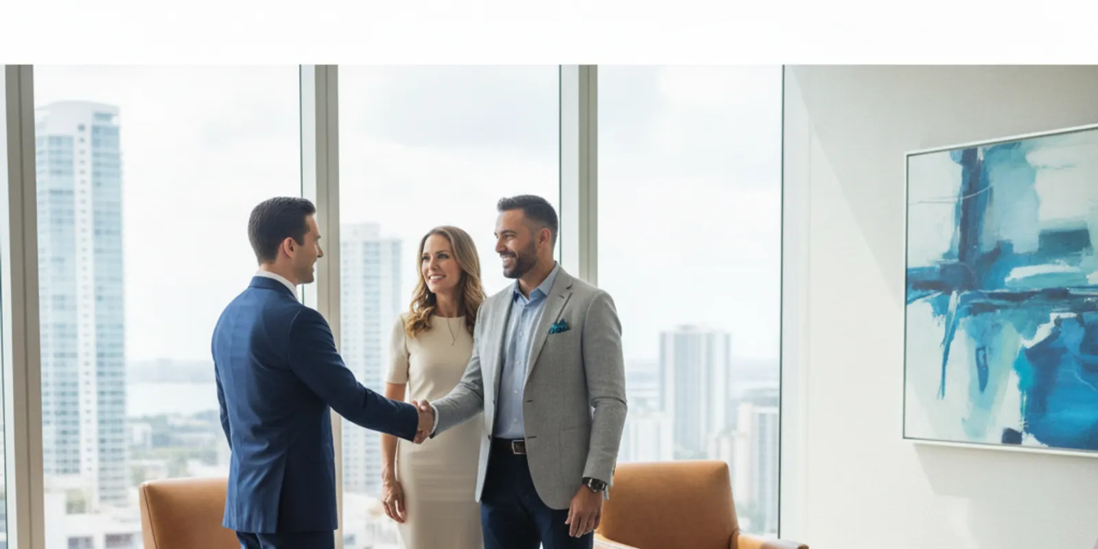 Wealth management advisor meeting with a high-net-worth family in an upscale Miami office — Financial Advisor Miami Plus